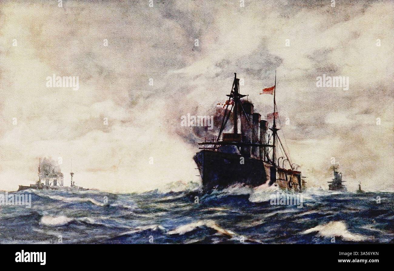 A County Cruiser Cleared for Action from the Royal Navy pubblicato nel 1907 dipinto da Norman L. Wilkinson Norman Wilkinson CBE RI era un artista britannico che di solito lavorava in oli, acquerelli e punto di arido. Era principalmente un pittore marino, ma anche un illustratore, artista di poster e camoufleur in tempo di guerra. Wilkinson inventò la pittura abbagliante per proteggere le navi mercantili durante la prima guerra mondiale. Foto Stock