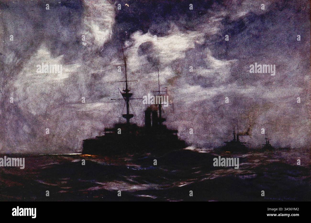 Le navi da battaglia Steaming at Night with All Navigation Lights Out from the Royal Navy pubblicato nel 1907 dipinte da Norman L. Wilkinson Norman Wilkinson CBE RI era un artista britannico che di solito lavorava in oli, acquerelli e punto di arido. Era principalmente un pittore marino, ma anche un illustratore, artista di poster e camoufleur in tempo di guerra. Wilkinson inventò la pittura abbagliante per proteggere le navi mercantili durante la prima guerra mondiale. Foto Stock