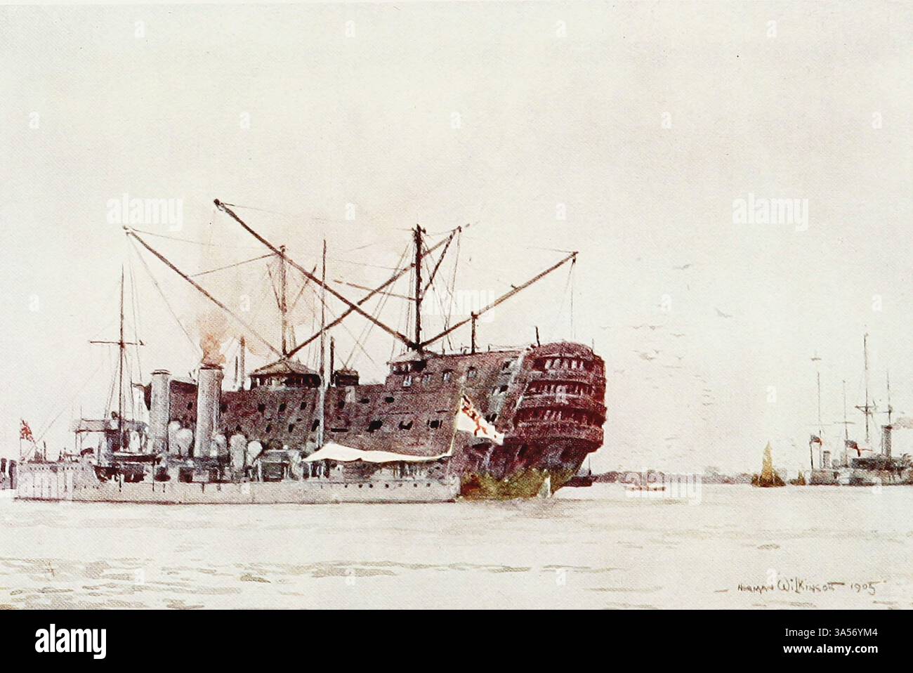 Un Coal Hulk. The Pitt ora smembrato dalla Royal Navy pubblicato nel 1907 dipinto da Norman L. Wilkinson Norman Wilkinson CBE RI era un artista britannico che di solito lavorava in oli, acquerelli e punto di arido. Era principalmente un pittore marino, ma anche un illustratore, artista di poster e camoufleur in tempo di guerra. Wilkinson inventò la pittura abbagliante per proteggere le navi mercantili durante la prima guerra mondiale. Foto Stock