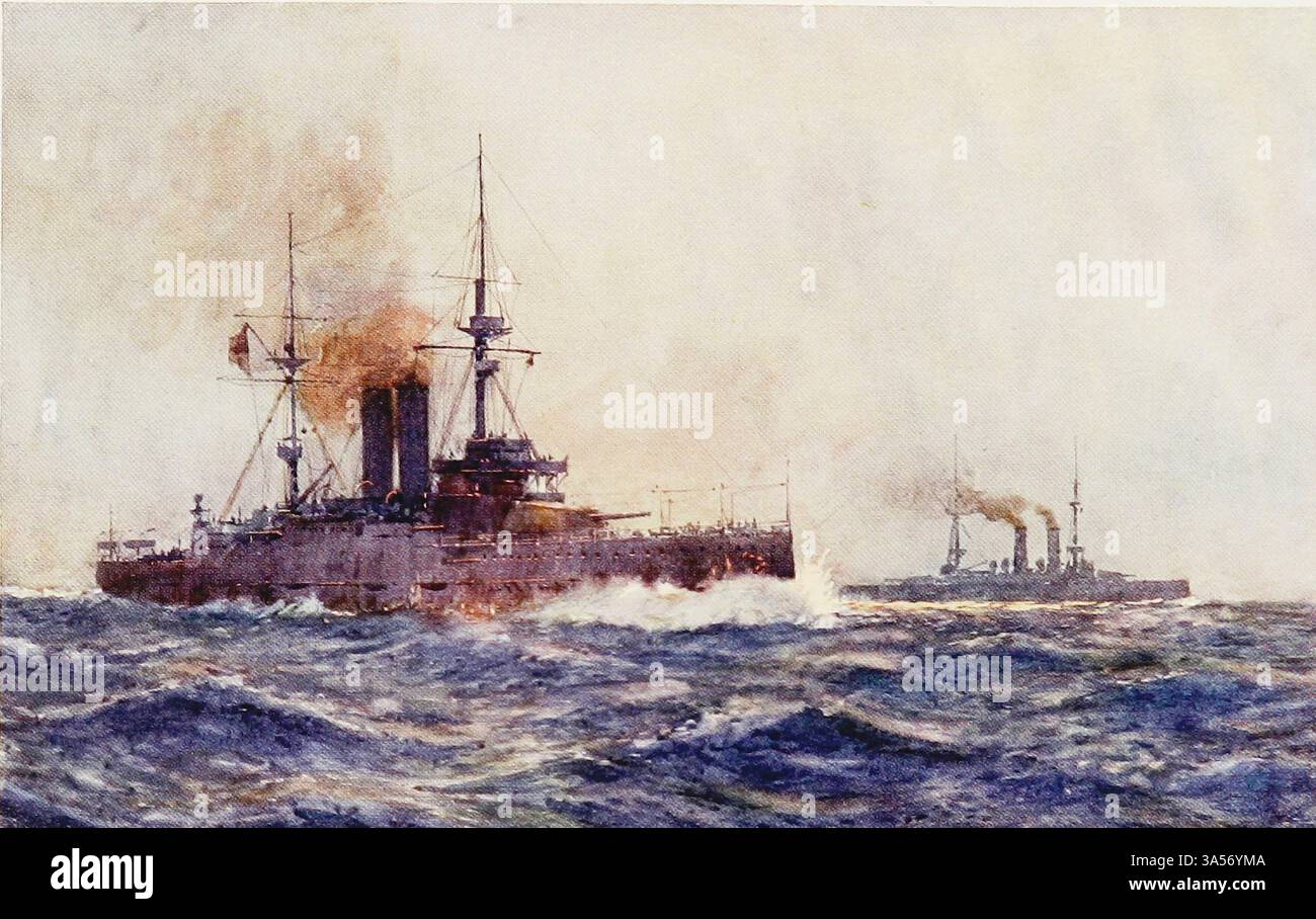 Le navi da battaglia H.M. King Edward VII e Queen from the Royal Navy pubblicate nel 1907 dipinte da Norman L. Wilkinson Norman Wilkinson CBE RI erano un artista britannico che di solito lavorava in oli, acquerelli e punto di arido. Era principalmente un pittore marino, ma anche un illustratore, artista di poster e camoufleur in tempo di guerra. Wilkinson inventò la pittura abbagliante per proteggere le navi mercantili durante la prima guerra mondiale. Foto Stock