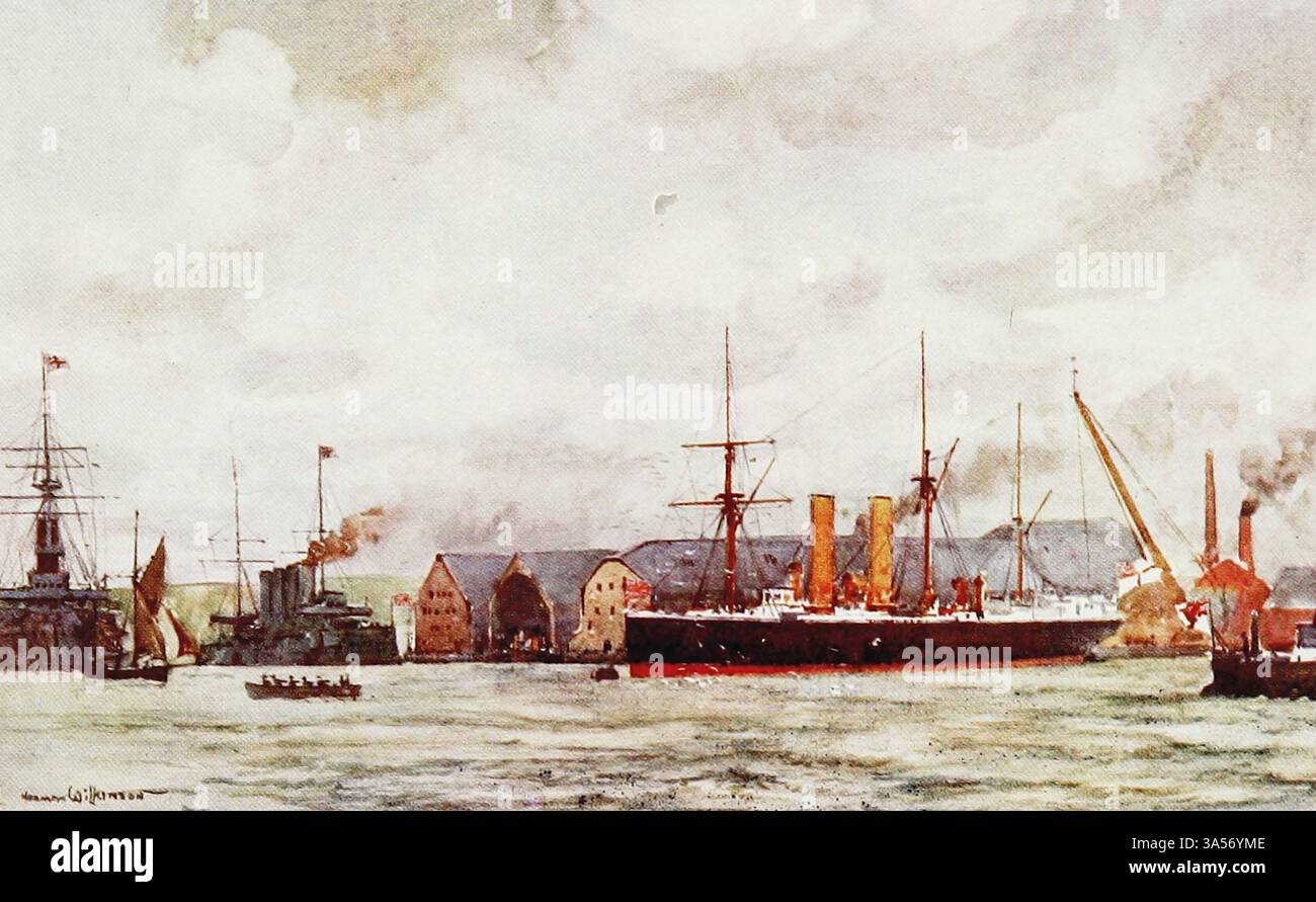 Portsmouth Harbour della Royal Navy pubblicato nel 1907 dipinto da Norman L. Wilkinson Norman Wilkinson CBE RI era un artista britannico che di solito lavorava in oli, acquerelli e punto di arido. Era principalmente un pittore marino, ma anche un illustratore, artista di poster e camoufleur in tempo di guerra. Wilkinson inventò la pittura abbagliante per proteggere le navi mercantili durante la prima guerra mondiale. Foto Stock