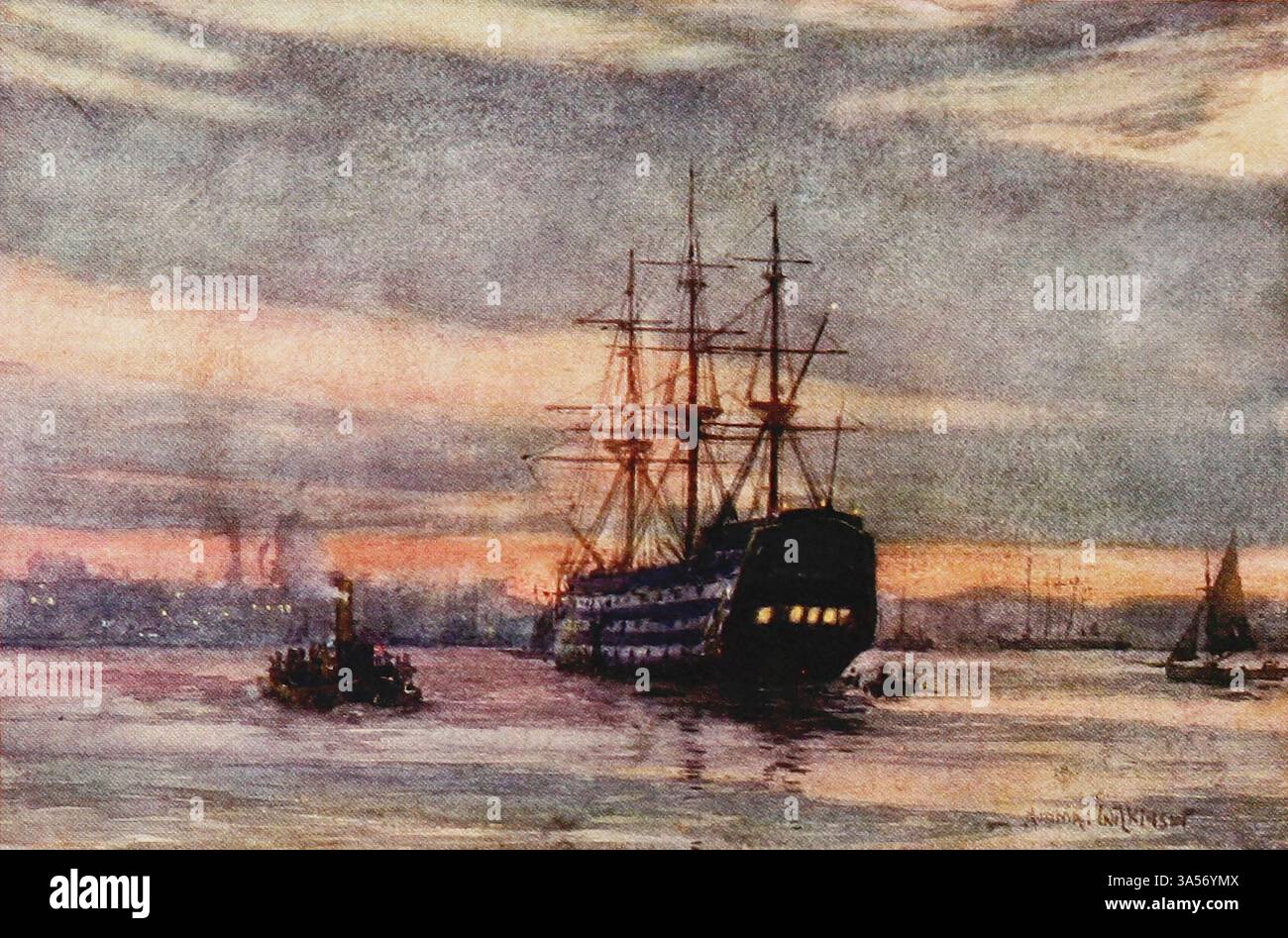 H.M.S. Victory. Evening HMS Victory è un veliero di prima classe in legno da 104 cannoni di linea. Con 247 anni di servizio nel 2025, è la nave navale più antica del mondo ancora in servizio dalla Royal Navy pubblicato nel 1907 dipinto da Norman L. Wilkinson Norman Wilkinson CBE RI era un artista britannico che di solito lavorava in oli, acquerelli e punto di arido. Era principalmente un pittore marino, ma anche un illustratore, artista di poster e camoufleur in tempo di guerra. Wilkinson inventò la pittura abbagliante per proteggere le navi mercantili durante la prima guerra mondiale. Foto Stock