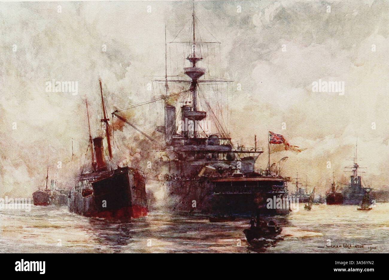 Coaling a Battleship from the Royal Navy pubblicato nel 1907 dipinto da Norman L. Wilkinson Norman Wilkinson CBE RI era un artista britannico che di solito lavorava in oli, acquerelli e punto di arido. Era principalmente un pittore marino, ma anche un illustratore, artista di poster e camoufleur in tempo di guerra. Wilkinson inventò la pittura abbagliante per proteggere le navi mercantili durante la prima guerra mondiale. Foto Stock