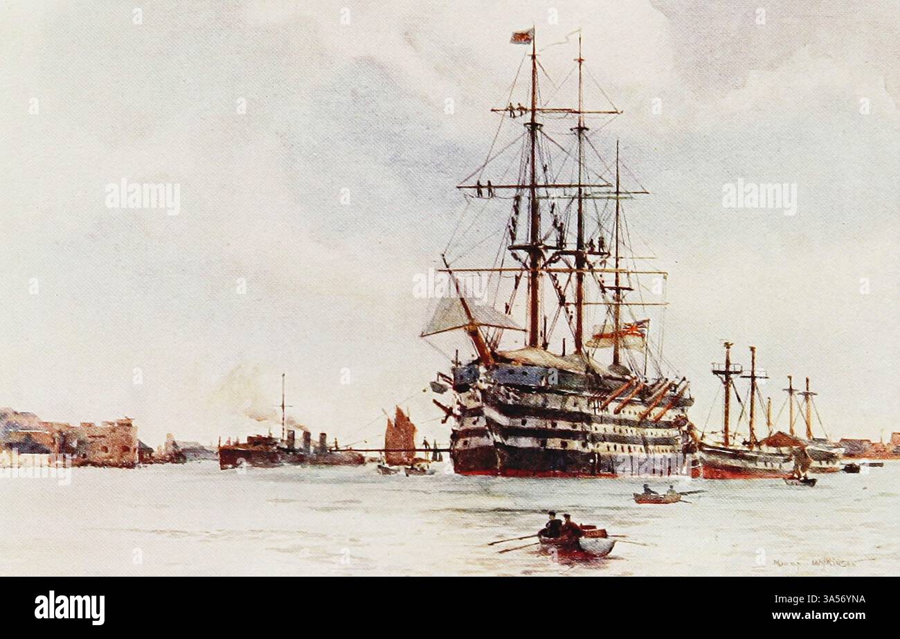 La H.M.S. St Vincent HMS St Vincent era una nave di prima classe da 120 cannoni di linea della Royal Navy, impostata nel 1810 presso l'arsenale di Devonport e varata l'11 marzo 1815.[1] prestò servizio in mare a metà del XIX secolo prima di diventare una nave da addestramento nel porto di Portsmouth fino a quando non fu dismessa nel 1906. Dalla Royal Navy pubblicato nel 1907 dipinto da Norman L. Wilkinson Norman Wilkinson CBE RI era un artista britannico che di solito lavorava in oli, acquerelli e punto di arido. Era principalmente un pittore marino, ma anche un illustratore, artista di poster e camoufleur in tempo di guerra. Wilkinson ha inventato Dazzle pa Foto Stock