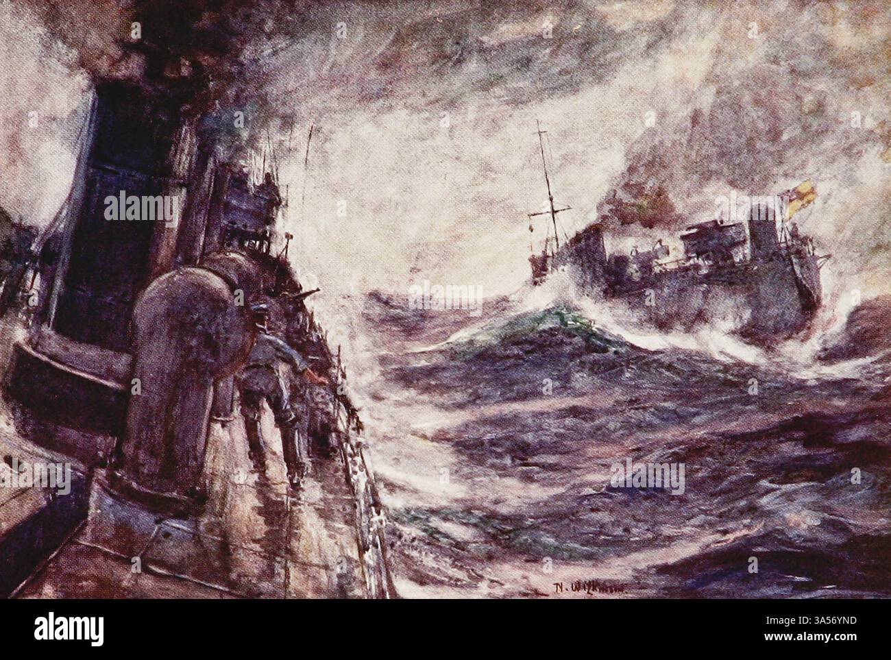Destroyers at Sea from the Royal Navy pubblicato nel 1907 dipinto da Norman L. Wilkinson Norman Wilkinson CBE RI era un artista britannico che di solito lavorava in oli, acquerelli e punto di arido. Era principalmente un pittore marino, ma anche un illustratore, artista di poster e camoufleur in tempo di guerra. Wilkinson inventò la pittura abbagliante per proteggere le navi mercantili durante la prima guerra mondiale. Foto Stock