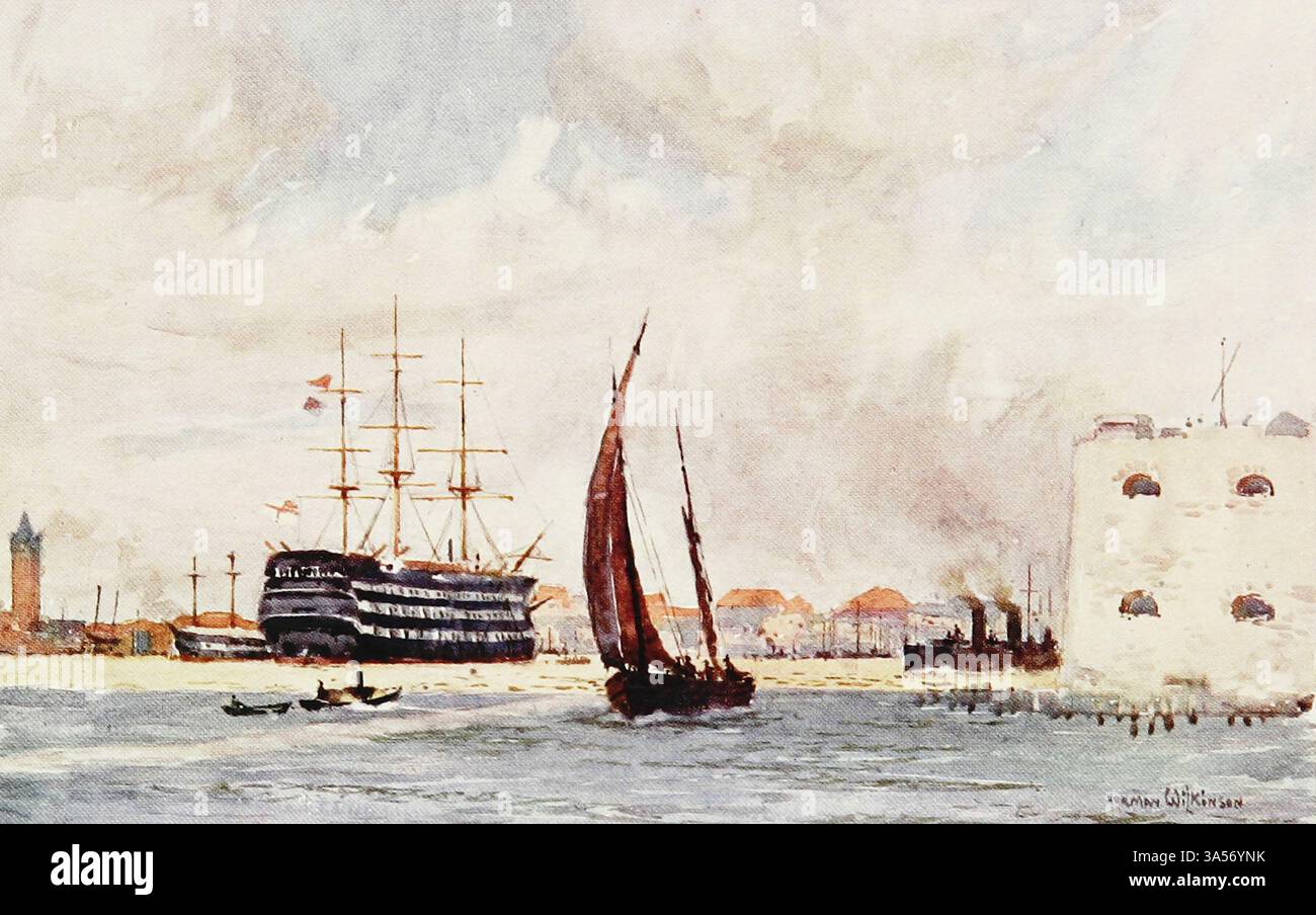 The Entrance to Portsmouth Harbour from the Royal Navy pubblicato nel 1907 dipinto da Norman L. Wilkinson Norman Wilkinson CBE RI era un artista britannico che di solito lavorava in oli, acquerelli e punto di arido. Era principalmente un pittore marino, ma anche un illustratore, artista di poster e camoufleur in tempo di guerra. Wilkinson inventò la pittura abbagliante per proteggere le navi mercantili durante la prima guerra mondiale. Foto Stock