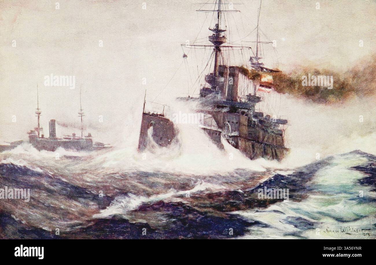 Heavy Weather from the Royal Navy pubblicato nel 1907 dipinto da Norman L. Wilkinson Norman Wilkinson CBE RI era un artista britannico che di solito lavorava in oli, acquerelli e punto di arido. Era principalmente un pittore marino, ma anche un illustratore, artista di poster e camoufleur in tempo di guerra. Wilkinson inventò la pittura abbagliante per proteggere le navi mercantili durante la prima guerra mondiale. Foto Stock