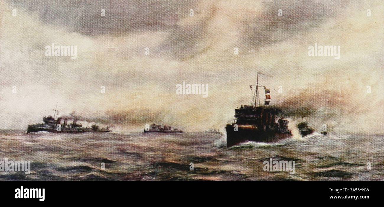 Destroyer manoeuvring from the Royal Navy pubblicato nel 1907 dipinto da Norman L. Wilkinson Norman Wilkinson CBE RI era un artista britannico che di solito lavorava in oli, acquerelli e punto di arido. Era principalmente un pittore marino, ma anche un illustratore, artista di poster e camoufleur in tempo di guerra. Wilkinson inventò la pittura abbagliante per proteggere le navi mercantili durante la prima guerra mondiale. Foto Stock