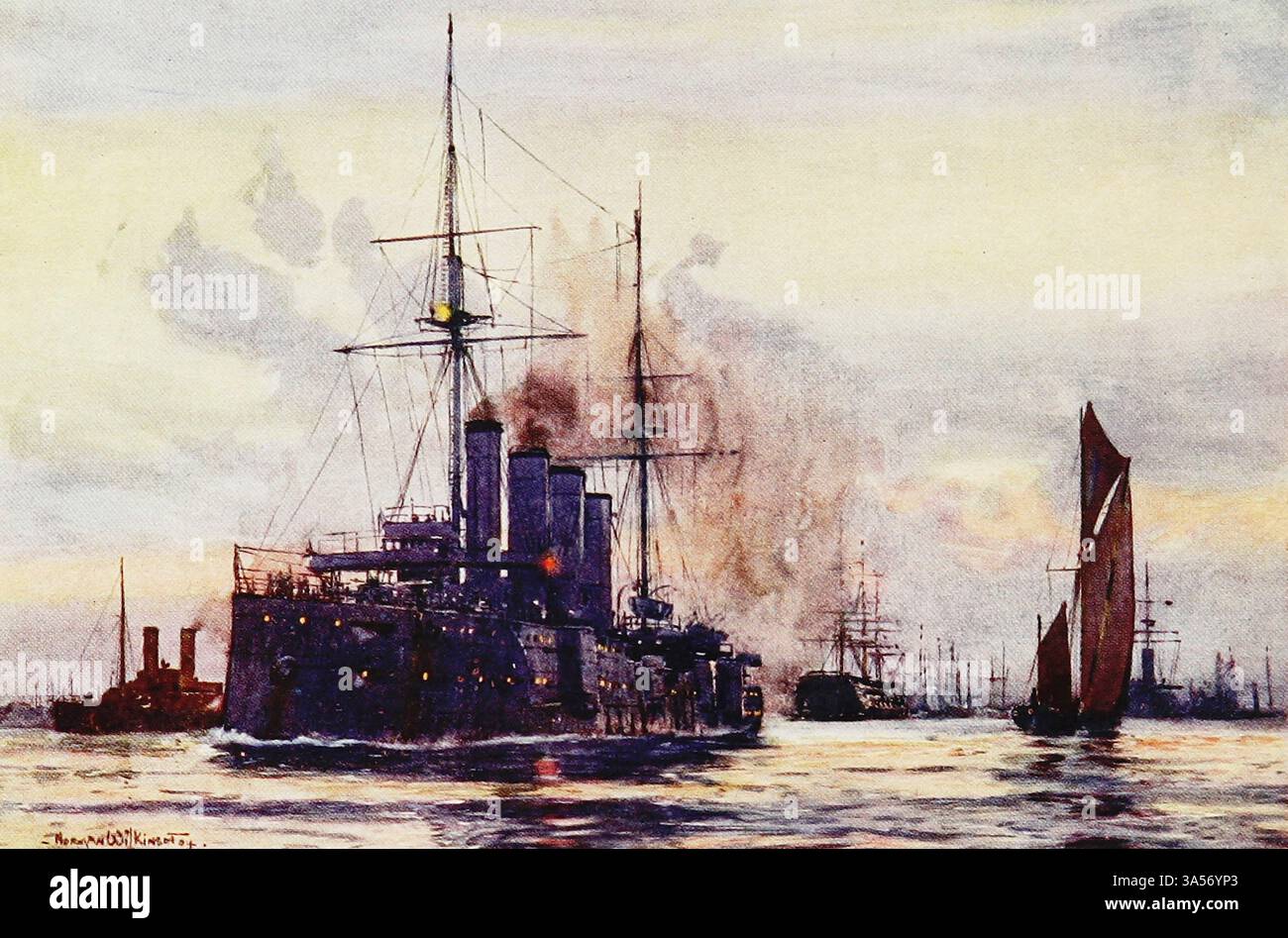 H.M. Cruiser Good Hope Leaving Portsmouth from the Royal Navy pubblicato nel 1907 dipinto da Norman L. Wilkinson Norman Wilkinson CBE RI era un artista britannico che di solito lavorava in oli, acquerelli e punto di arido. Era principalmente un pittore marino, ma anche un illustratore, artista di poster e camoufleur in tempo di guerra. Wilkinson inventò la pittura abbagliante per proteggere le navi mercantili durante la prima guerra mondiale. Foto Stock