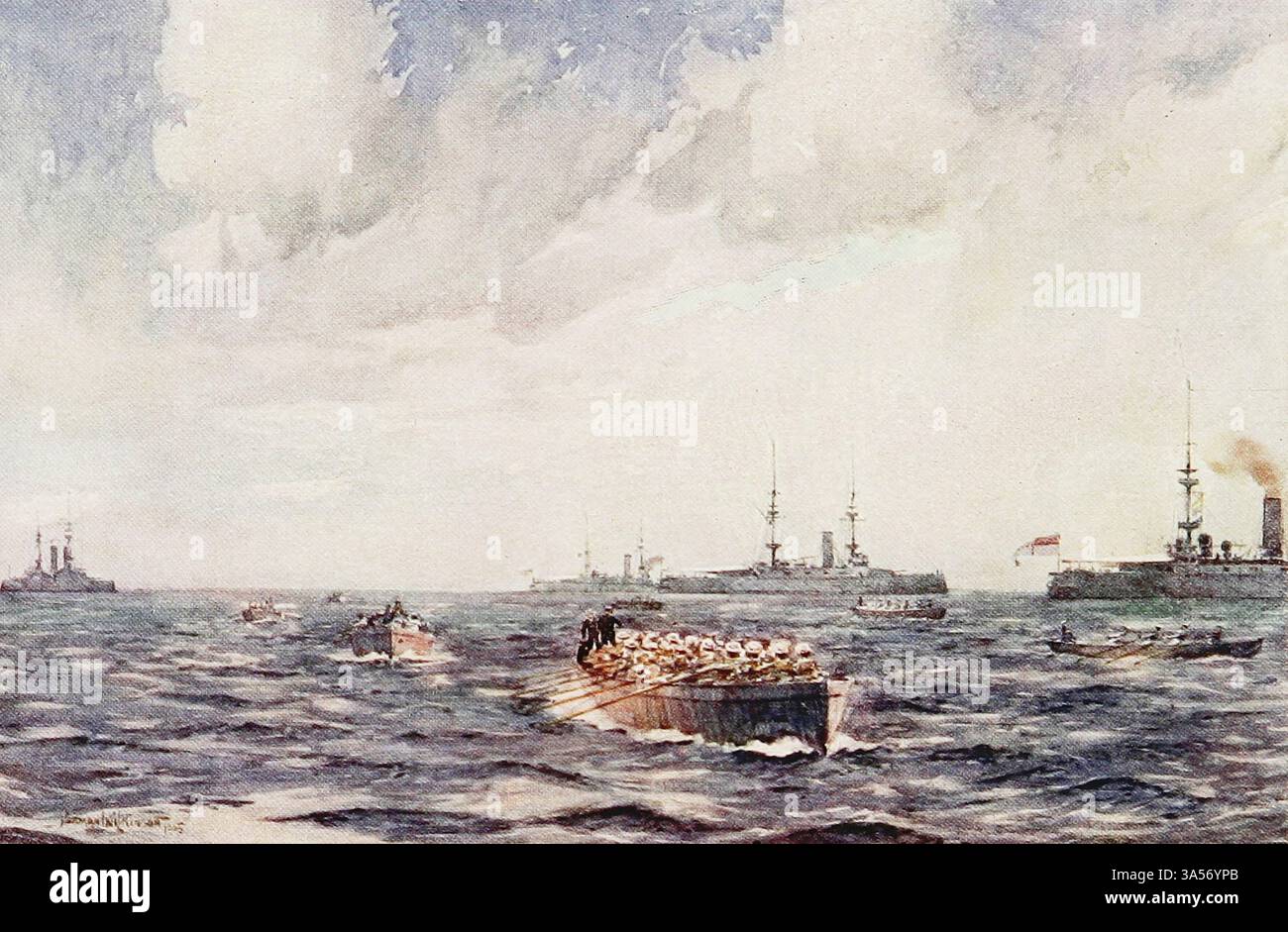 NAVI CHE SI AGGIRAVANO ATTORNO ALLA FLOTTA della Royal Navy pubblicato nel 1907 dipinte da Norman L. Wilkinson Norman Wilkinson CBE RI era un artista britannico che di solito lavorava in oli, acquerelli e punto di arido. Era principalmente un pittore marino, ma anche un illustratore, artista di poster e camoufleur in tempo di guerra. Wilkinson inventò la pittura abbagliante per proteggere le navi mercantili durante la prima guerra mondiale. Foto Stock