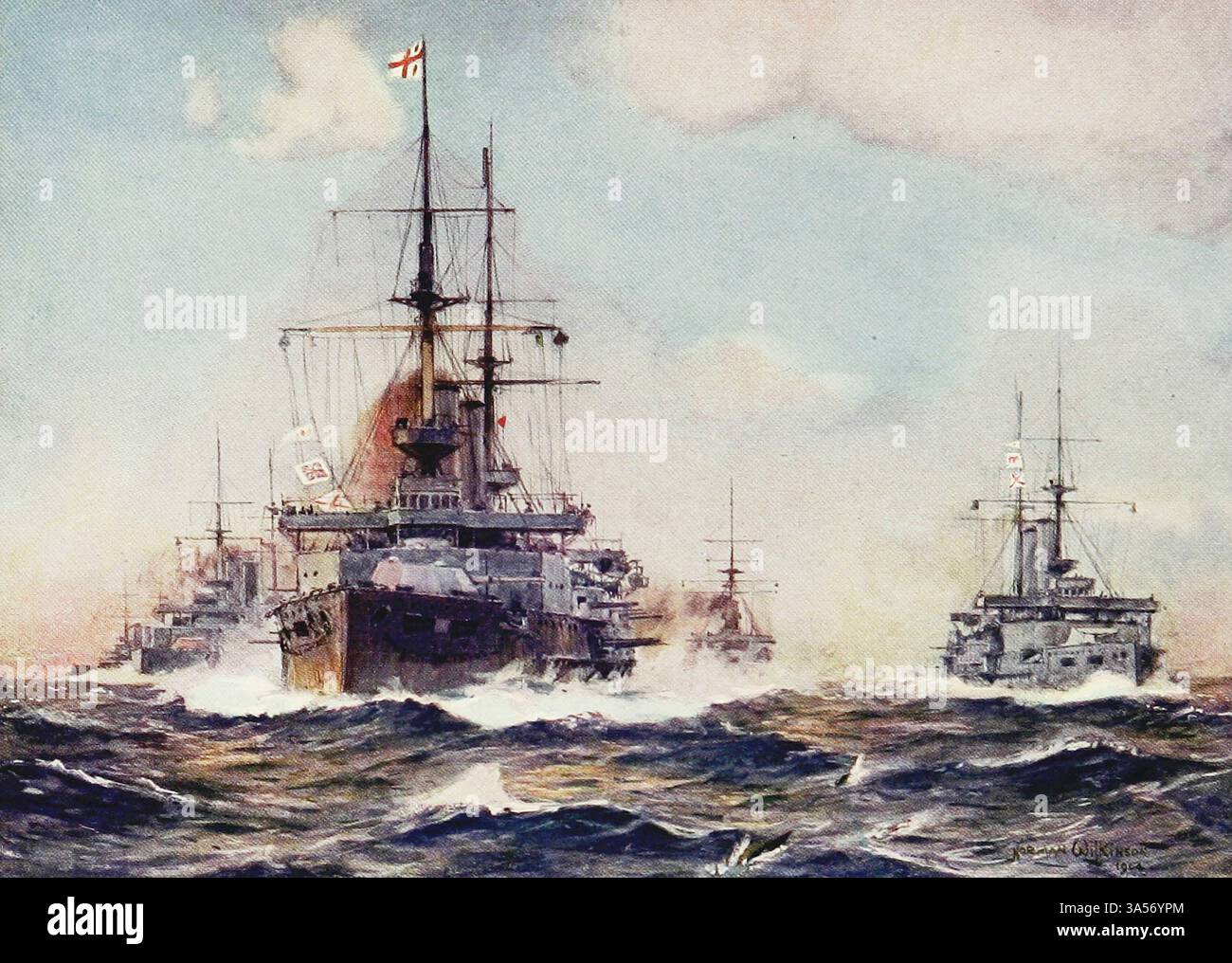 Battleships manoeuvring from the Royal Navy pubblicato nel 1907 dipinto da Norman L. Wilkinson Norman Wilkinson CBE RI era un artista britannico che di solito lavorava in oli, acquerelli e punto di arido. Era principalmente un pittore marino, ma anche un illustratore, artista di poster e camoufleur in tempo di guerra. Wilkinson inventò la pittura abbagliante per proteggere le navi mercantili durante la prima guerra mondiale. Foto Stock