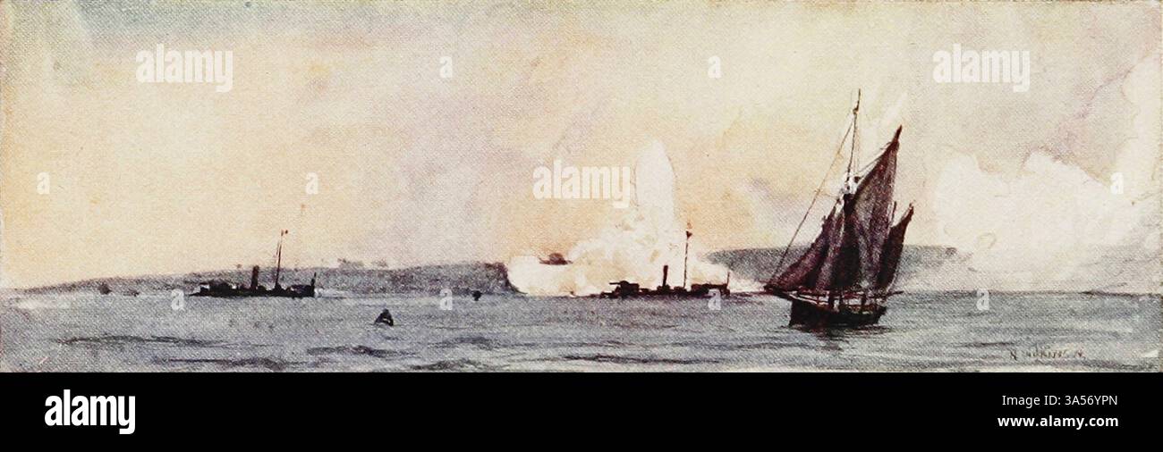 Cannoniere che praticavano a Spithead dalla Royal Navy pubblicato nel 1907 dipinte da Norman L. Wilkinson Norman Wilkinson CBE RI era un artista britannico che di solito lavorava in oli, acquerelli e punto di arido. Era principalmente un pittore marino, ma anche un illustratore, artista di poster e camoufleur in tempo di guerra. Wilkinson inventò la pittura abbagliante per proteggere le navi mercantili durante la prima guerra mondiale. Foto Stock