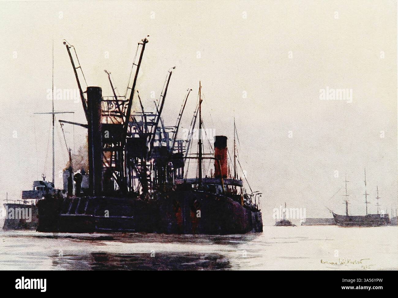 Il Temperley Coal Transporter Portsmouth Harbour della Royal Navy pubblicato nel 1907 dipinto da Norman L. Wilkinson Norman Wilkinson CBE RI era un artista britannico che di solito lavorava in oli, acquerelli e punto di arido. Era principalmente un pittore marino, ma anche un illustratore, artista di poster e camoufleur in tempo di guerra. Wilkinson inventò la pittura abbagliante per proteggere le navi mercantili durante la prima guerra mondiale. Foto Stock