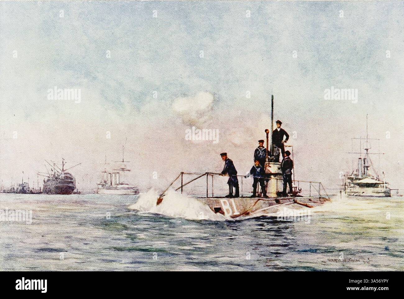 A Submarine Running Awash from the Royal Navy pubblicato nel 1907 dipinto da Norman L. Wilkinson Norman Wilkinson CBE RI era un artista britannico che di solito lavorava in oli, acquerelli e punto di arido. Era principalmente un pittore marino, ma anche un illustratore, artista di poster e camoufleur in tempo di guerra. Wilkinson inventò la pittura abbagliante per proteggere le navi mercantili durante la prima guerra mondiale. Foto Stock