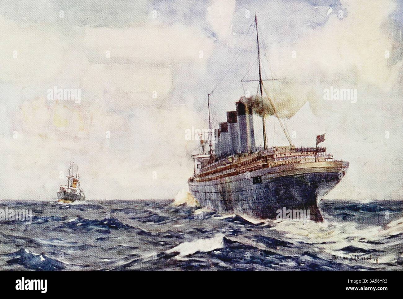 S.S. Lusitania as an Auxiliary Cruiser in Warfare from the Royal Navy pubblicato nel 1907 dipinto da Norman L. Wilkinson Norman Wilkinson CBE RI era un artista britannico che di solito lavorava in oli, acquerelli e punto di arido. Era principalmente un pittore marino, ma anche un illustratore, artista di poster e camoufleur in tempo di guerra. Wilkinson inventò la pittura abbagliante per proteggere le navi mercantili durante la prima guerra mondiale. Foto Stock