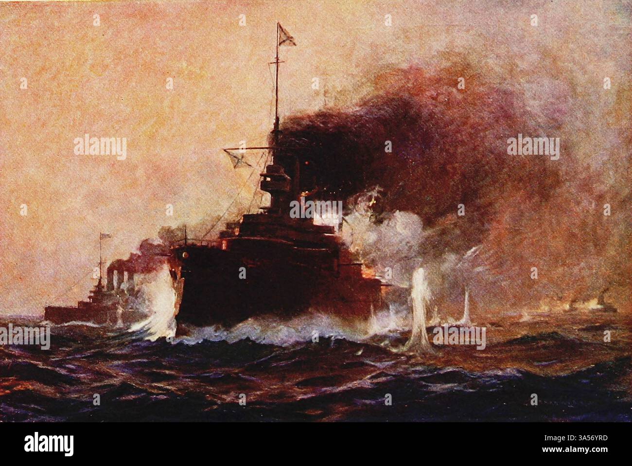 L'azione al largo di Port Arthur tra giapponesi e russi. 10 agosto 1904 dalla Royal Navy pubblicato nel 1907 dipinto da Norman L. Wilkinson Norman Wilkinson CBE RI era un artista britannico che di solito lavorava in oli, acquerelli e punto di arido. Era principalmente un pittore marino, ma anche un illustratore, artista di poster e camoufleur in tempo di guerra. Wilkinson inventò la pittura abbagliante per proteggere le navi mercantili durante la prima guerra mondiale. Foto Stock