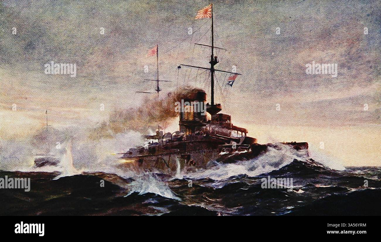 La corazzata giapponese Asahi della Royal Navy pubblicata nel 1907 dipinta da Norman L. Wilkinson Norman Wilkinson CBE RI era un artista britannico che di solito lavorava in oli, acquerelli e punto di arido. Era principalmente un pittore marino, ma anche un illustratore, artista di poster e camoufleur in tempo di guerra. Wilkinson inventò la pittura abbagliante per proteggere le navi mercantili durante la prima guerra mondiale. Foto Stock