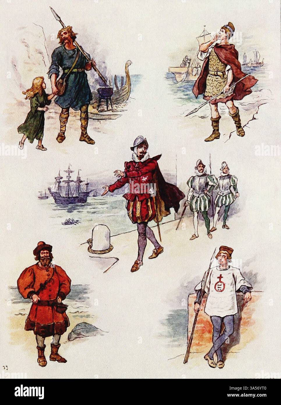 ABITO DI SEAMAN, EARLY BRITISH TO TUDOR TIMES circa d.C. dal 600 al 1600 da Before the Conquest to the Armada di J. JELLICOE della Royal Navy pubblicato nel 1907 dipinto da Norman L. Wilkinson Norman Wilkinson CBE RI era un artista britannico che di solito lavorava in oli, acquerelli e punto di ariete. Era principalmente un pittore marino, ma anche un illustratore, artista di poster e camoufleur in tempo di guerra. Wilkinson inventò la pittura abbagliante per proteggere le navi mercantili durante la prima guerra mondiale. Foto Stock