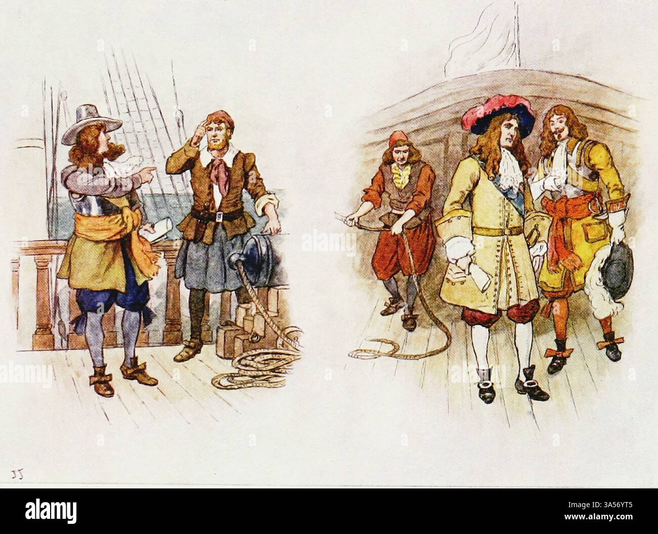 SEAMAN'S DRESS, THE COMMONWEALTH AND RESTORATION PERIODS circa d.C. 1649 - 1689 con Blake and Penn, Rupert and Sandwich di J. JELLICOE della Royal Navy pubblicato nel 1907 dipinto da Norman L. Wilkinson Norman Wilkinson CBE RI era un artista britannico che di solito lavorava in oli, acquerelli e punto di arido. Era principalmente un pittore marino, ma anche un illustratore, artista di poster e camoufleur in tempo di guerra. Wilkinson inventò la pittura abbagliante per proteggere le navi mercantili durante la prima guerra mondiale. Foto Stock