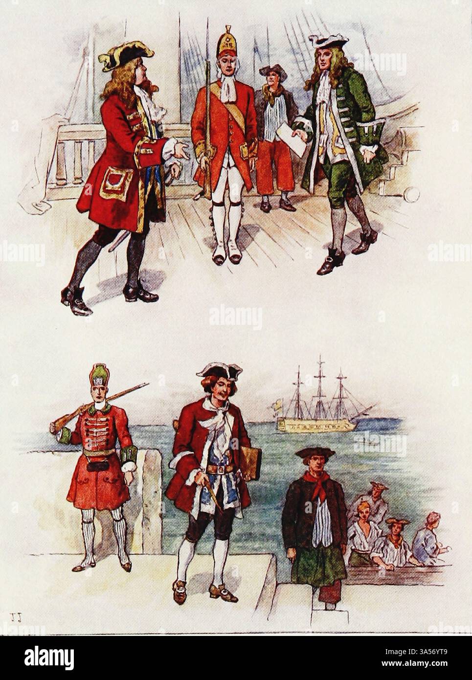 L'ABITO DI SEAMAN, SOTTO ANNE AND THE EARLY GEORGES circa d.c., dal 1702 al 1750 con Herbert e Russell, Vernon and Mathews di J. JELLICOE della Royal Navy pubblicato nel 1907 dipinto da Norman L. Wilkinson Norman Wilkinson CBE RI era un artista britannico che di solito lavorava in oli, acquerelli e punto di ariete. Era principalmente un pittore marino, ma anche un illustratore, artista di poster e camoufleur in tempo di guerra. Wilkinson inventò la pittura abbagliante per proteggere le navi mercantili durante la prima guerra mondiale. Foto Stock