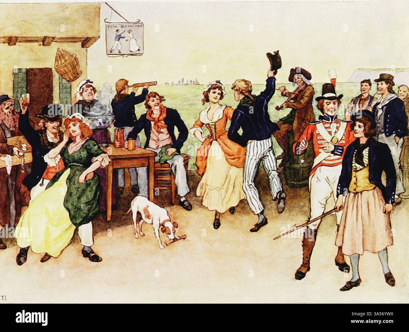 ABITO DI SEAMAN, THE TARS OF TRAFALGAR circa A.D. 1805 di J. JELLICOE della Royal Navy pubblicato nel 1907 dipinto da Norman L. Wilkinson Norman Wilkinson CBE RI era un artista britannico che di solito lavorava in oli, acquerelli e punto di arido. Era principalmente un pittore marino, ma anche un illustratore, artista di poster e camoufleur in tempo di guerra. Wilkinson inventò la pittura abbagliante per proteggere le navi mercantili durante la prima guerra mondiale. Foto Stock