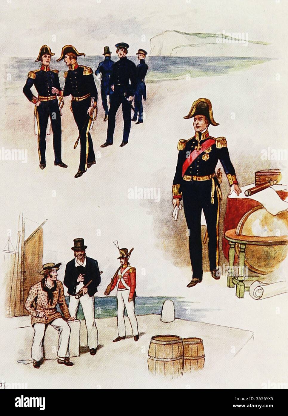 L'ABITO DI SEAMAN, IN THE REIGN OF THE SAILOR KING circa d.c. dal 1833 al 1843 di J. JELLICOE della Royal Navy pubblicato nel 1907 dipinto da Norman L. Wilkinson Norman Wilkinson CBE RI era un artista britannico che di solito lavorava in oli, acquerelli e punto di arido. Era principalmente un pittore marino, ma anche un illustratore, artista di poster e camoufleur in tempo di guerra. Wilkinson inventò la pittura abbagliante per proteggere le navi mercantili durante la prima guerra mondiale. Foto Stock