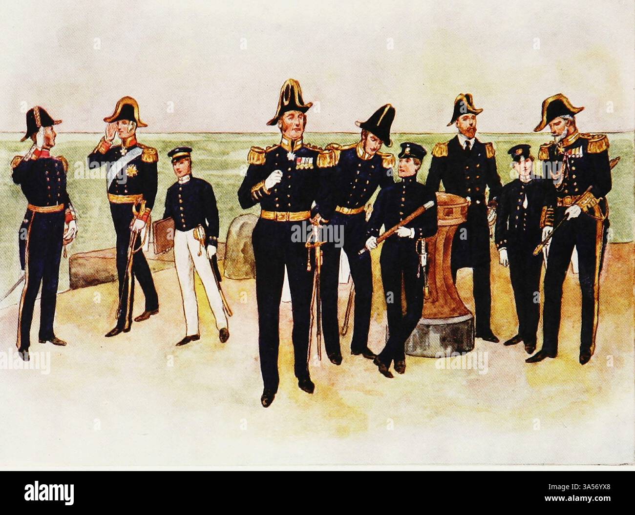 SEAMAN'S DRESS, EXECUTIVE OFFICERS OF THE VICTORIAN ERA circa d.C. dal 1837 al 1897 Seasen's Dress di J. JELLICOE della Royal Navy pubblicato nel 1907 dipinto da Norman L. Wilkinson Norman Wilkinson CBE RI era un artista britannico che di solito lavorava in oli, acquerelli e punto di ariete. Era principalmente un pittore marino, ma anche un illustratore, artista di poster e camoufleur in tempo di guerra. Wilkinson inventò la pittura abbagliante per proteggere le navi mercantili durante la prima guerra mondiale. Foto Stock