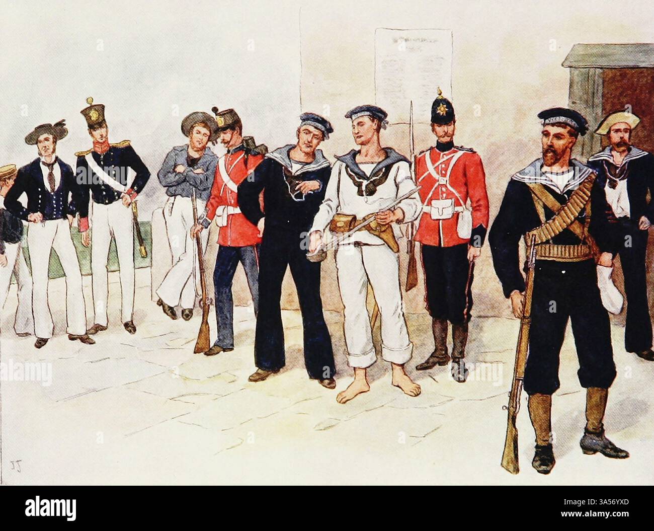 L'ABITO DI SEAMAN, L'ERA DEL VAPORE E DELL'ACCIAIO circa d.c. dal 1850 al 1900 di J. JELLICOE della Royal Navy pubblicato nel 1907 dipinto da Norman L. Wilkinson Norman Wilkinson CBE RI era un artista britannico che di solito lavorava in oli, acquerelli e punto di arido. Era principalmente un pittore marino, ma anche un illustratore, artista di poster e camoufleur in tempo di guerra. Wilkinson inventò la pittura abbagliante per proteggere le navi mercantili durante la prima guerra mondiale. Foto Stock