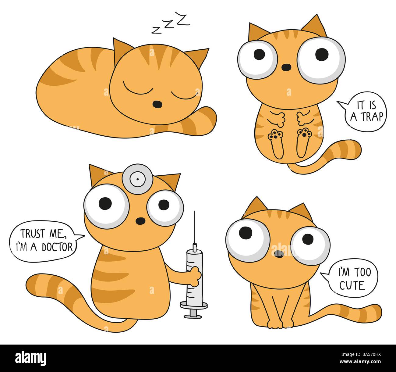 Set di simpatici gatti cartoni animati con grandi occhi e divertenti citazioni per il design di adesivi o t-shirt. Foto Stock