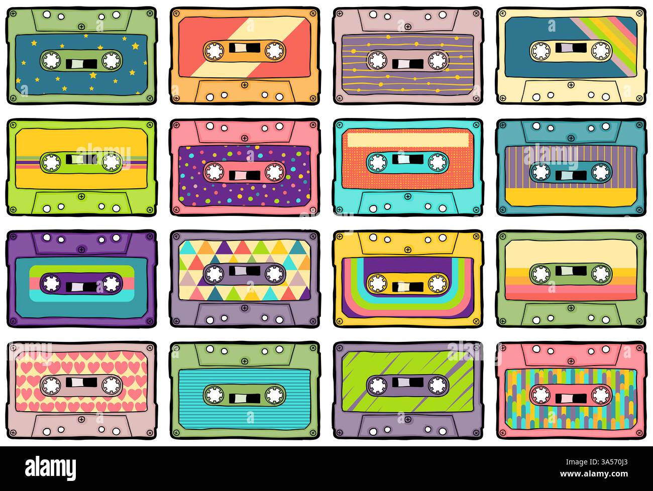 Collezione di colorate cassette retrò con motivi diversi. Può essere utilizzato come motivo senza cuciture. Foto Stock