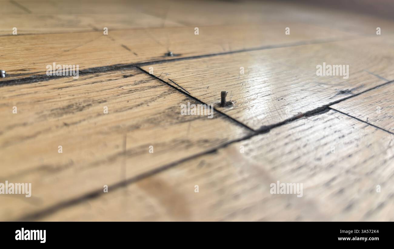 Primo piano del pavimento di legno con il chiodo attaccato. Oggetto appuntito sporgente. Pericolo durante le camminate. Pavimento grunge rotto e pericoloso - Immagine stock catturata con smartphone