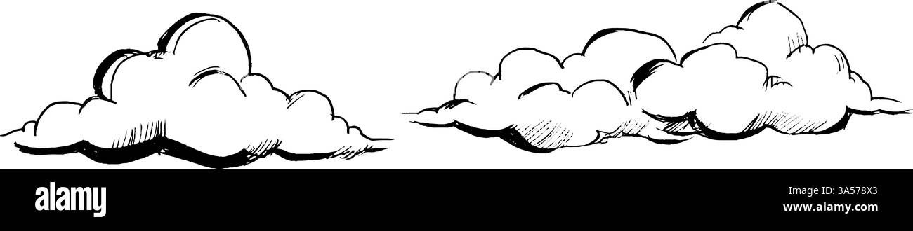 Due nuvole disegnate a mano con uno stile accattivante, con curve morbide e ombreggiature, ideali per illustrazioni o elementi di design. Illustrazione Vettoriale