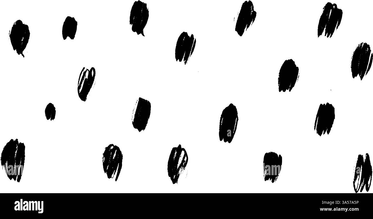 Un motivo di tratti irregolari di pennello nero su sfondo bianco, creando un effetto polka giocoso e artistico. Illustrazione Vettoriale