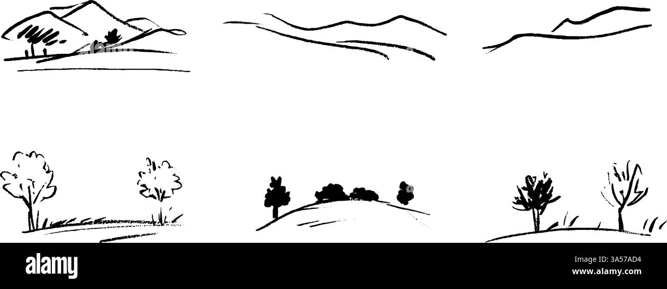 Semplici schizzi di paesaggi in bianco e nero Illustrazione Vettoriale