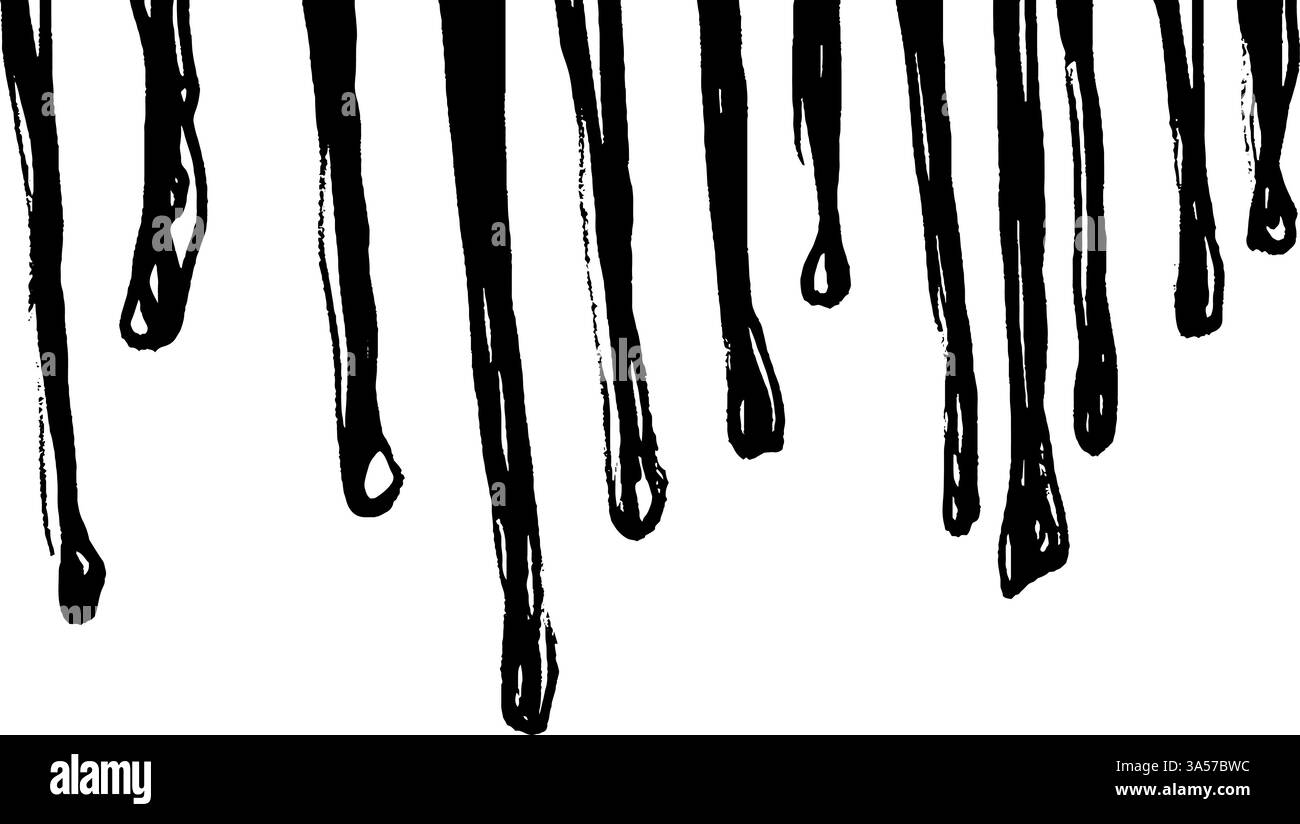 Illustrazione stilizzata di vernice o liquido che gocciola di colore nero, creando un effetto spettacolare su uno sfondo bianco. Le gocce variano in lunghezza e. Illustrazione Vettoriale