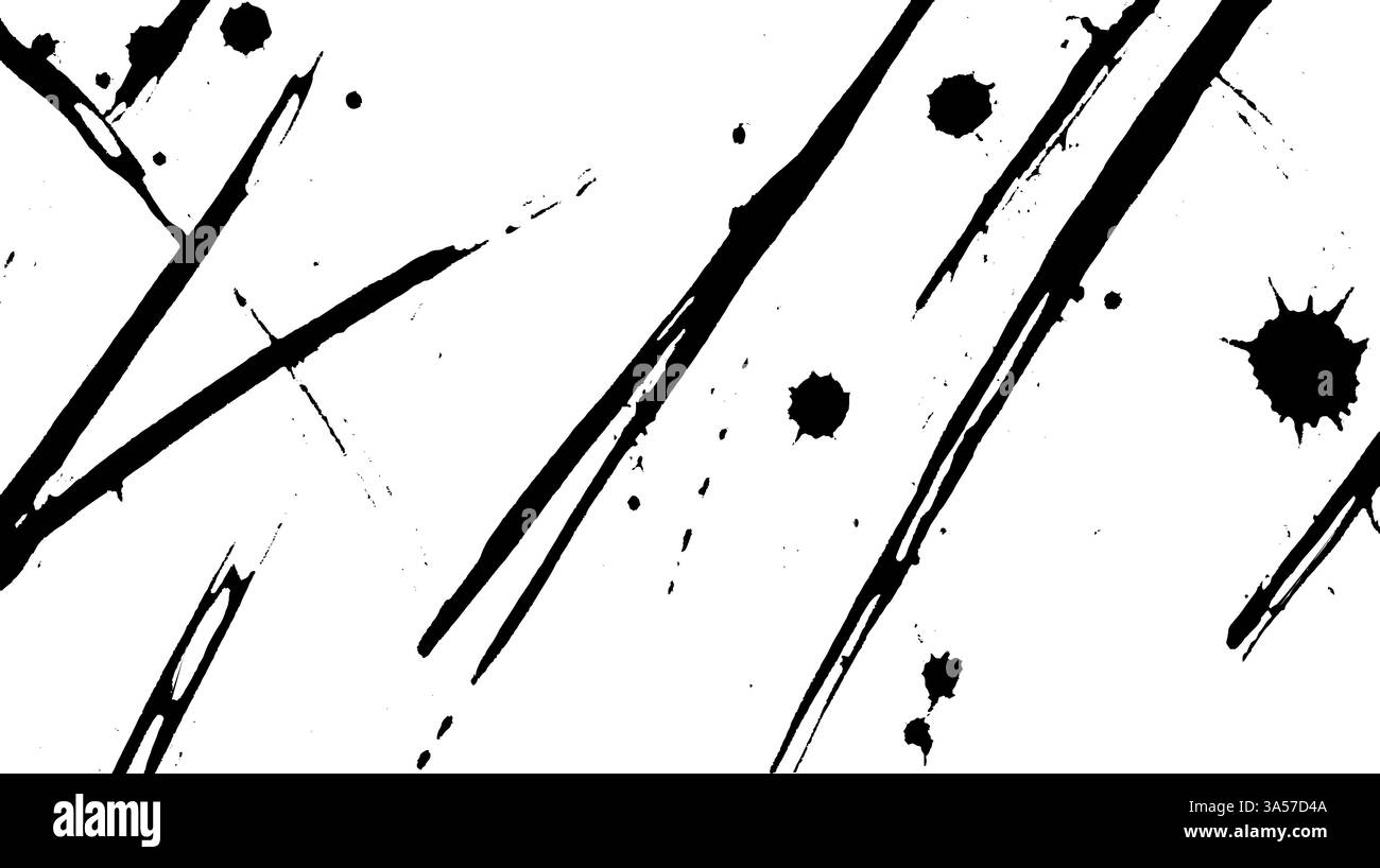 Design astratto con spruzzi di inchiostro nero e striature su sfondo bianco per creare un effetto dinamico e artistico. Illustrazione Vettoriale