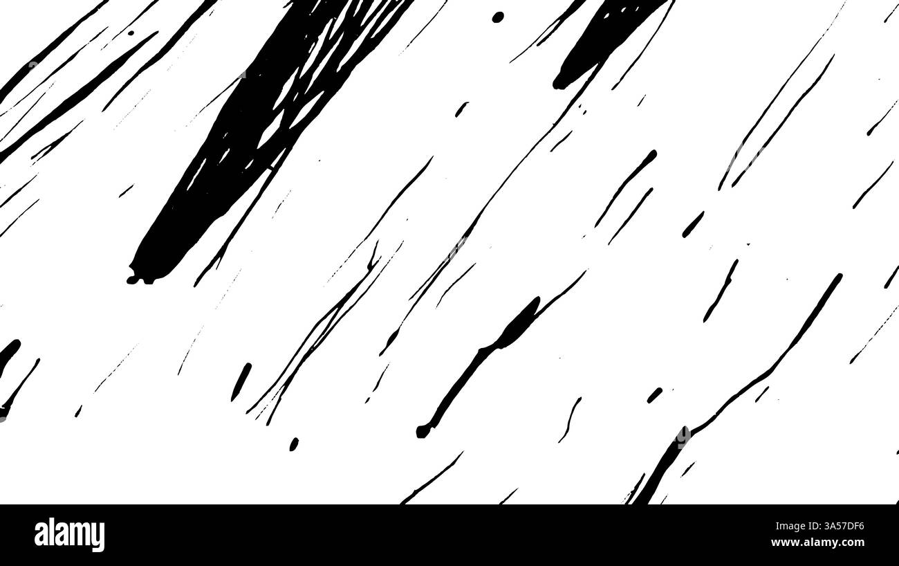 L'inchiostro nero astratto spruzza su uno sfondo bianco, creando una texture dinamica e artistica. Illustrazione Vettoriale