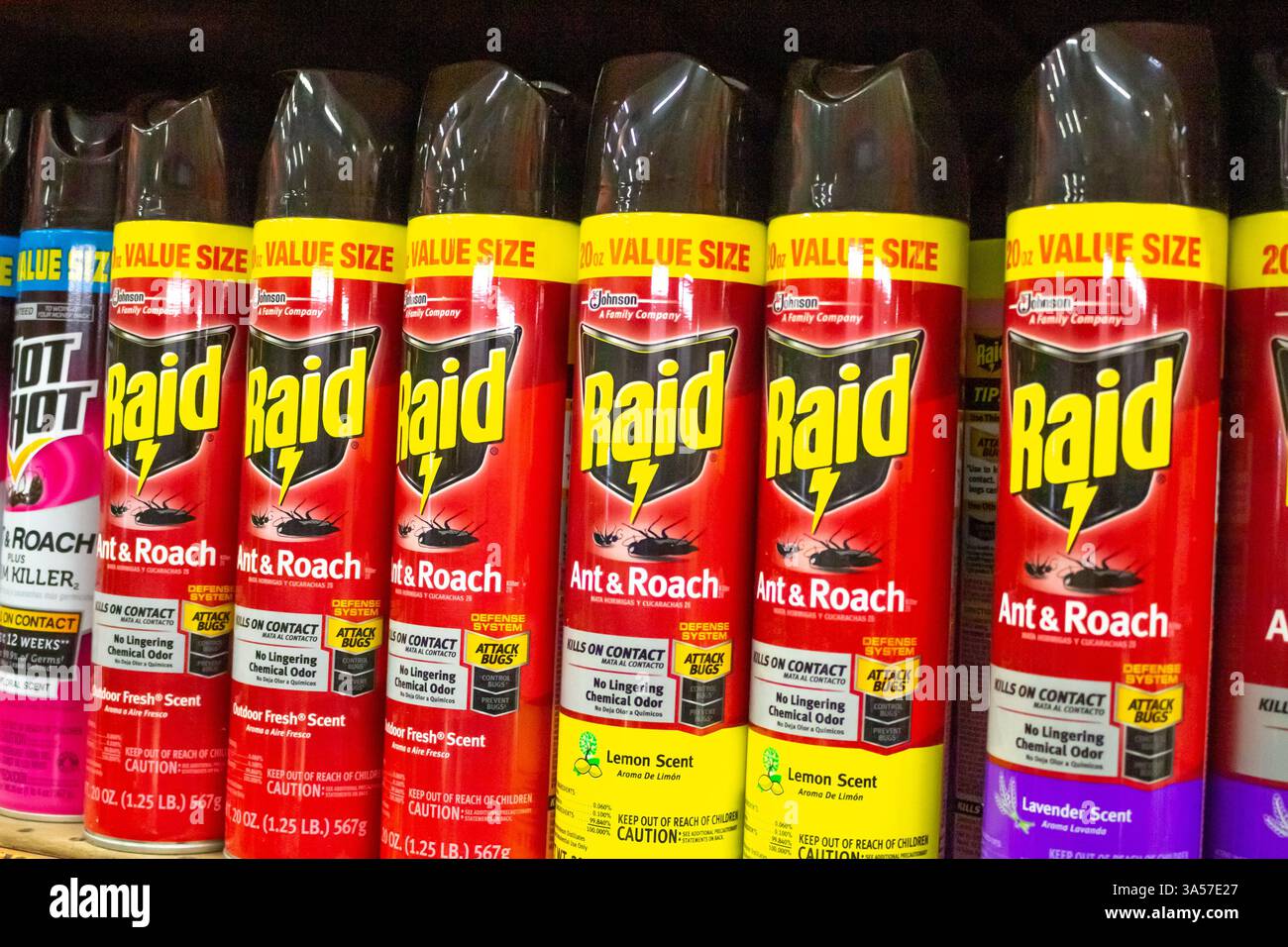 Costa Mesa, California, Stati Uniti - 06-08-2019: Una vista di diverse lattine di RAID insetti killer, in mostra in un negozio di articoli per la casa. Foto Stock