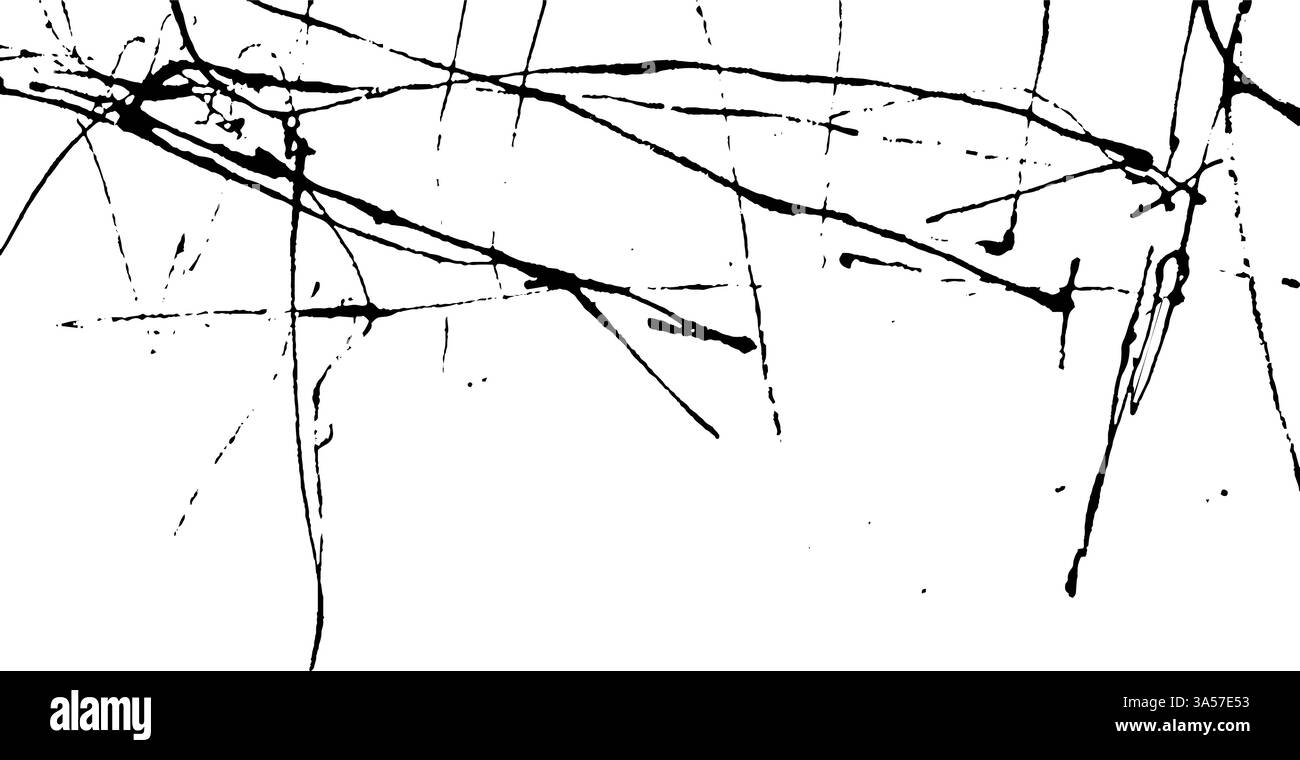 Linee e schizzi di inchiostro nero astratti su sfondo bianco, creando un motivo dinamico e caotico. Illustrazione Vettoriale