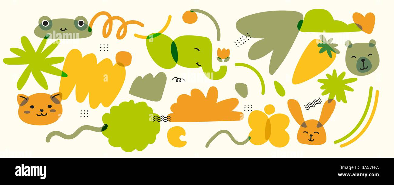 Un set di oggetti alla moda per bambini con animali. e oggetti naturali. Colori brillanti con sovrapposizione. Disegno con pennarello o stampa riso. Vettore Illustrazione Vettoriale