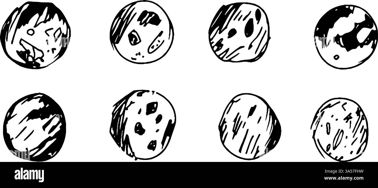 Una griglia di otto forme circolari disegnate a mano che assomigliano a pianeti o corpi celesti, ciascuna con trame e motivi unici. I progetti includono spot Illustrazione Vettoriale