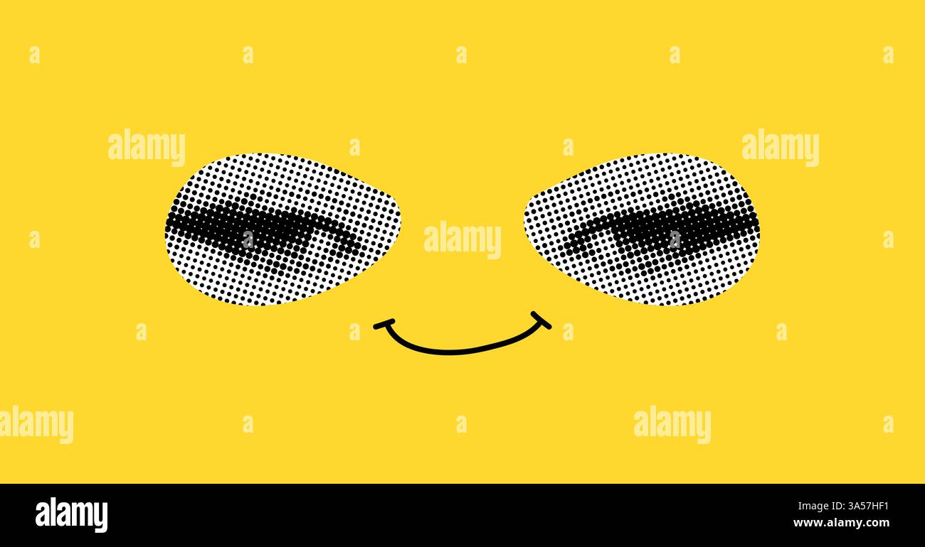 Faccia divertente con gli occhi e un sorriso disegnato. Elemento collage in effetto mezzitoni. Illustrazione pop art su sfondo giallo brillante. Pop art vettoriale. Illustrazione Vettoriale