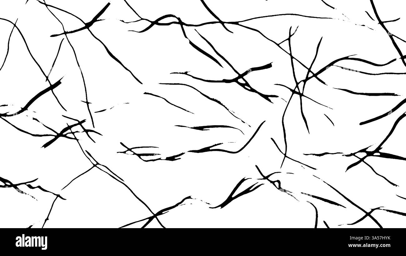 Un motivo astratto senza cuciture caratterizzato da linee sottili, nere e organiche su sfondo bianco, che ricordano rami o vene. Illustrazione Vettoriale