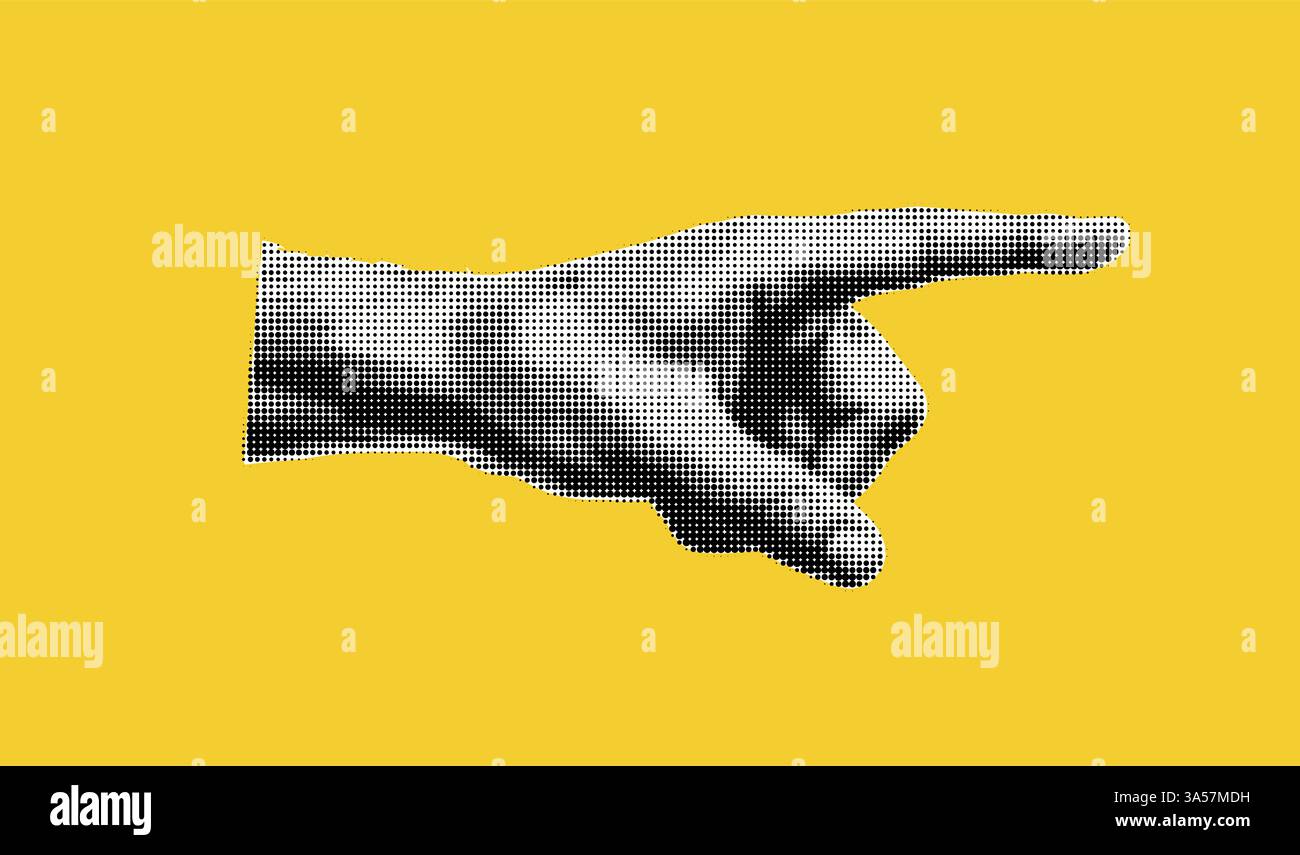 La mano che punta a destra. Elemento ritaglio mezzitoni su sfondo giallo. Elemento retrò pop art con effetto punti. Grana della carta Illustrazione Vettoriale