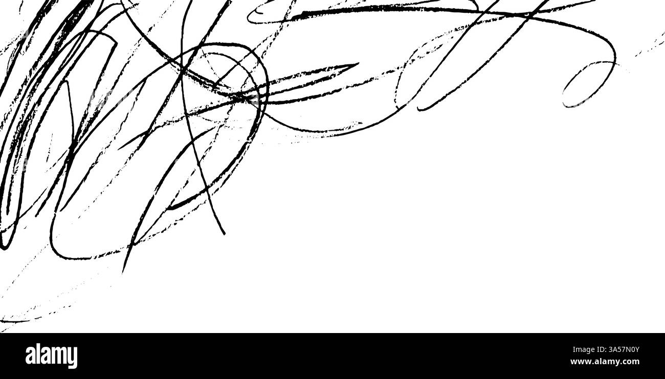 Un design astratto caratterizzato da linee e curve nere caotiche su sfondo bianco, che creano un senso di movimento ed energia. Illustrazione Vettoriale