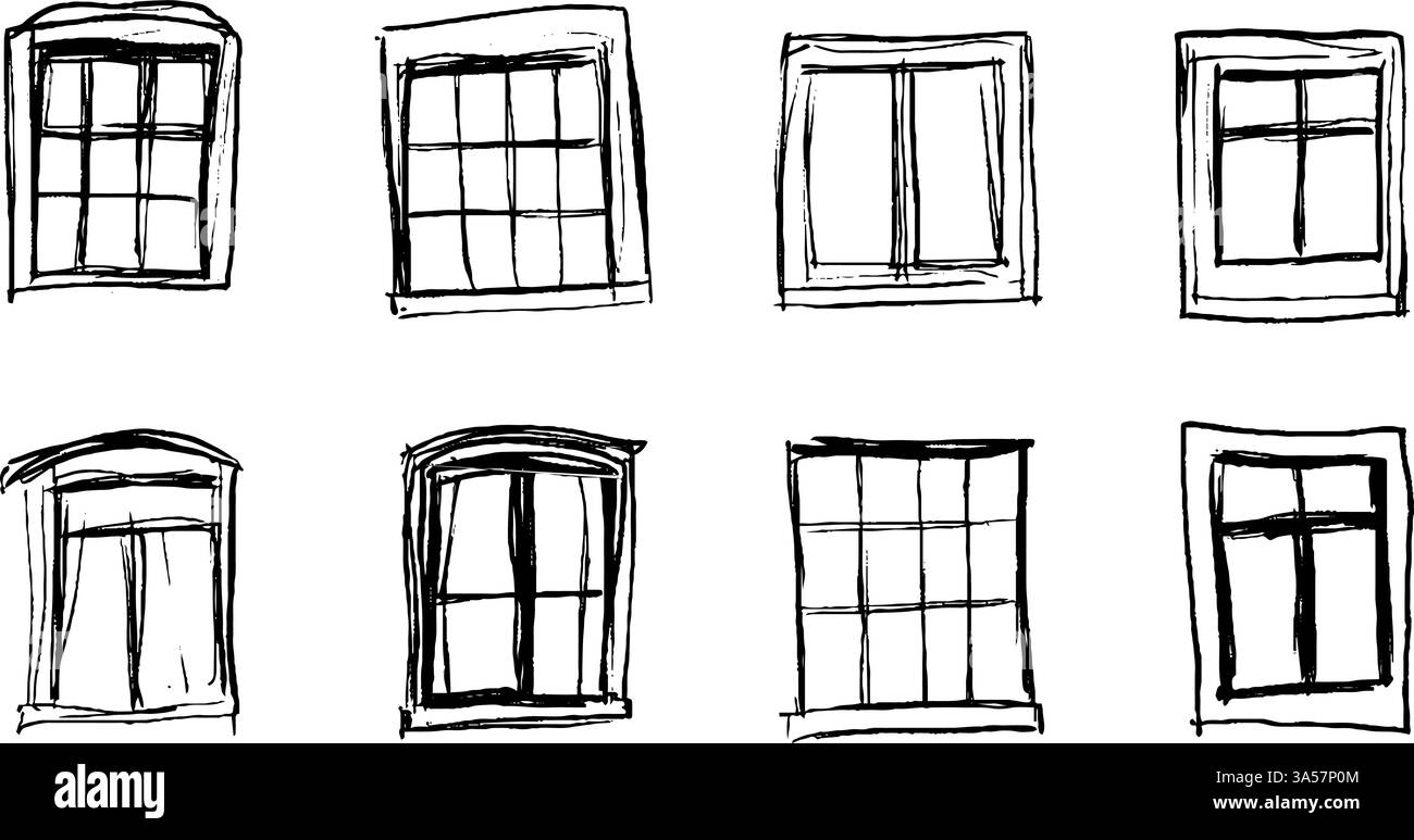 Collezione di disegni per finestre disegnati a mano Illustrazione Vettoriale