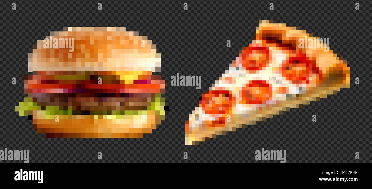 set artistico a 8 bit con pizza a fette e hamburger. Icone vettoriali retrò di cheeseburger, panini e fast food. Illustrazione Vettoriale