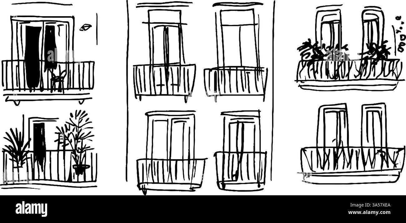 Uno schizzo di quattro serie di balconi su un edificio, caratterizzato da varie piante e porte aperte. Il design è semplice e astratto, sottolineando il Illustrazione Vettoriale