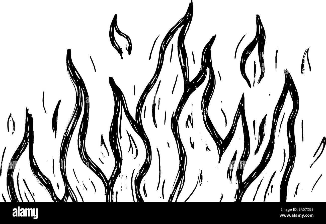 Un'illustrazione disegnata a mano di fiamme con altezze e forme diverse, che mostra un design dinamico ed energico del fuoco. Illustrazione Vettoriale