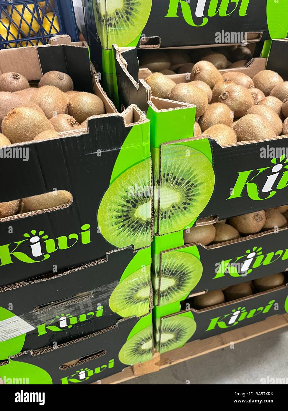 kiwi, cassa di cartone, frutta, magazzino, stoccaggio, cassa, cibo, approvvigionamento, prodotti, agricoltura, approvvigionamento alimentare, stoccaggio della frutta, distribuzione, catena di approvvigionamento - Immagine stock catturata con smartphone